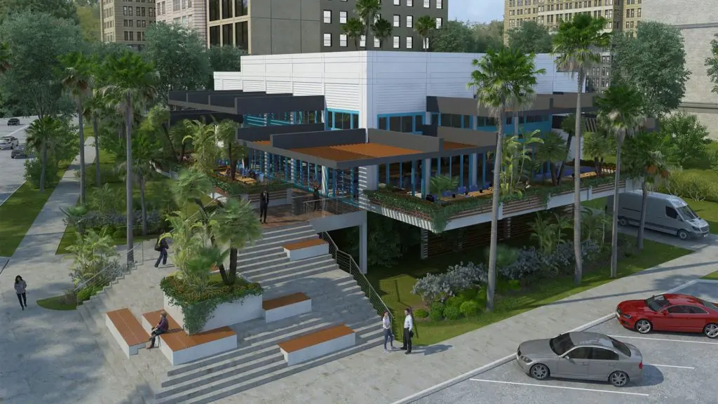 Big Blue Pizza restaurant in Gulf Shores, AL with a two-level design, blue accent screens, shaded outdoor terraces, and a wide stair entry