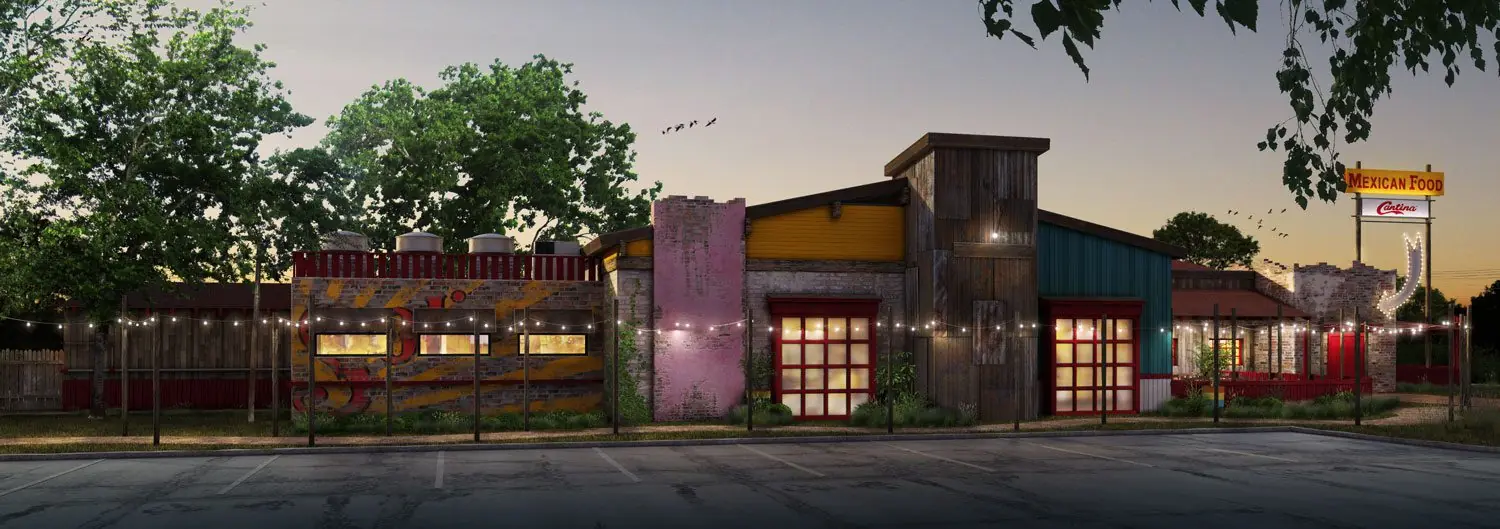 Cantina Tex-Mex restaurant exterior at dusk with reclaimed wood facade, red garage doors, string lights, and a neon Mexican Food sign