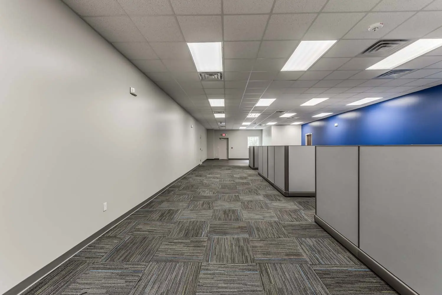 Open office corridor at FSR Services with cubicle workstations along a blue accent wall and carpet tile flooring