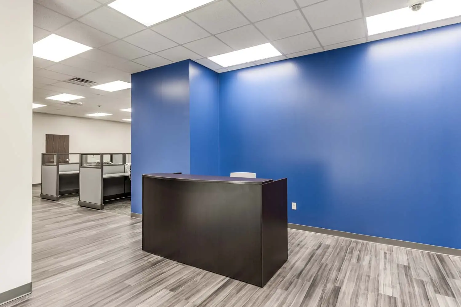 Reception desk at FSR Services with bold blue accent wall and open office cubicles beyond