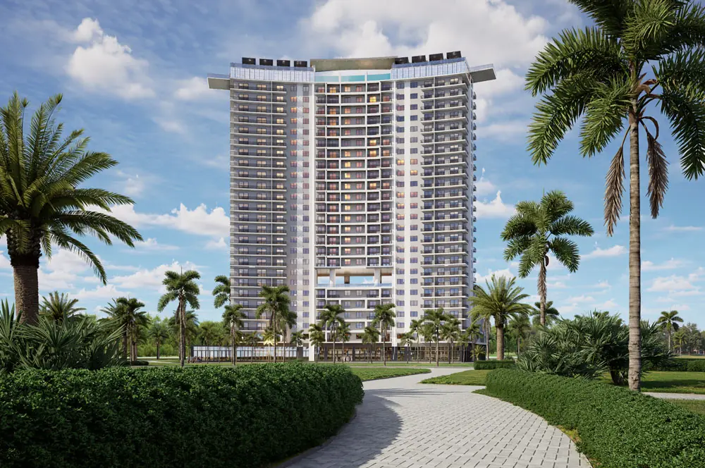 Marbella Tower high-rise multifamily building in Sunny Isles Beach, FL with curved balconies and palm landscaping
