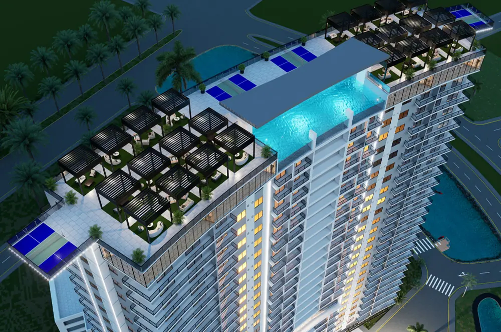 Rooftop amenity deck at Marbella Tower with infinity pool and grid of private pergola cabanas