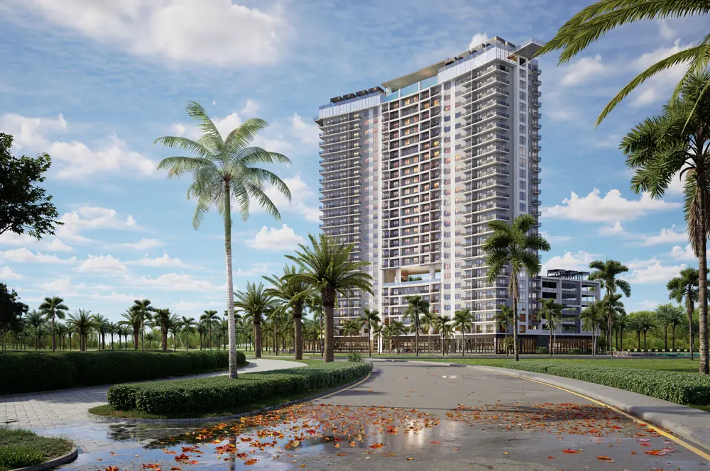 Marbella Tower viewed from the landscaped approach with palm-lined sidewalks