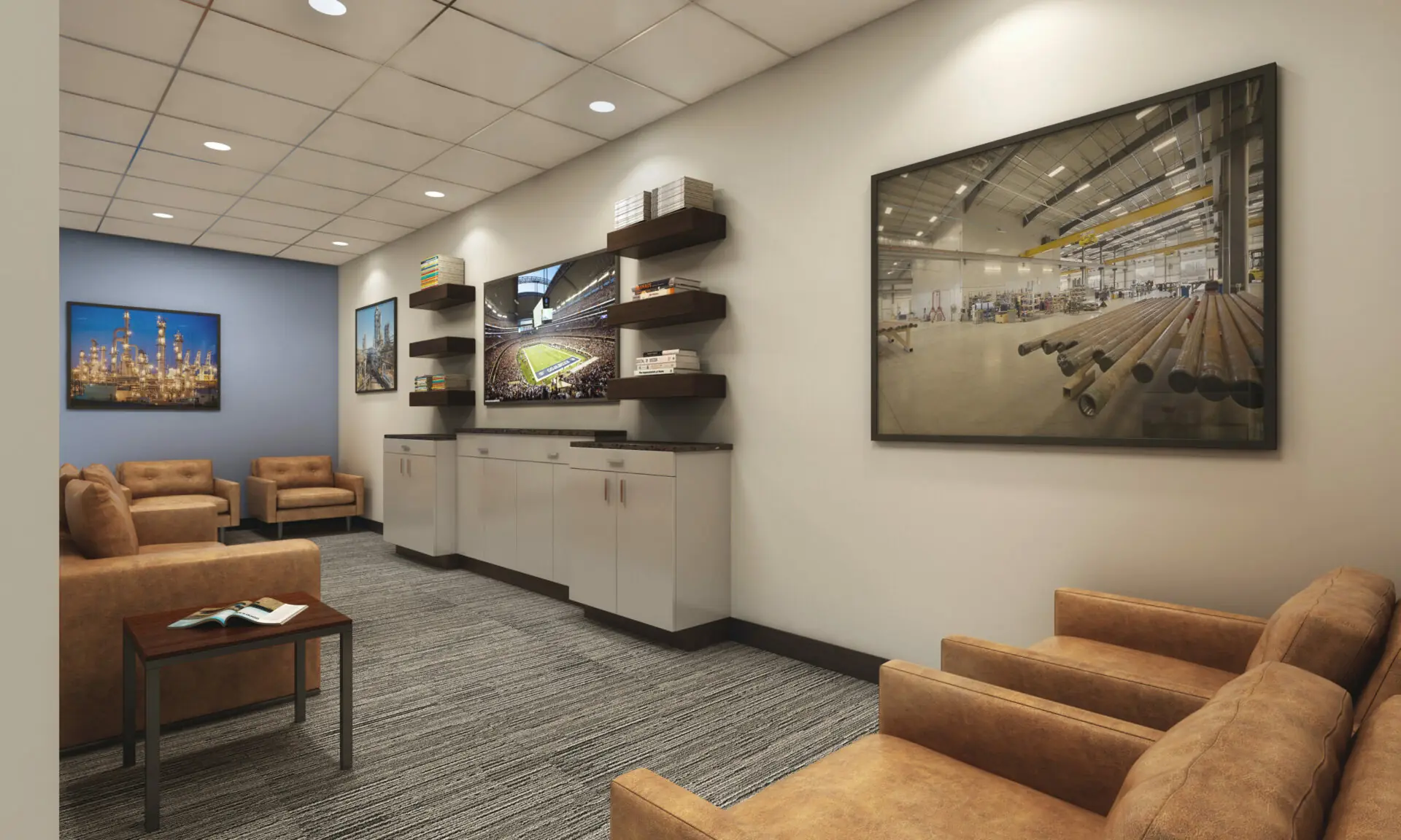 Interior rendering of the employee lounge at Repcon Industrial in Corpus Christi, TX with leather club chairs, floating wood shelves, a wall-mounted TV, and framed refinery artwork