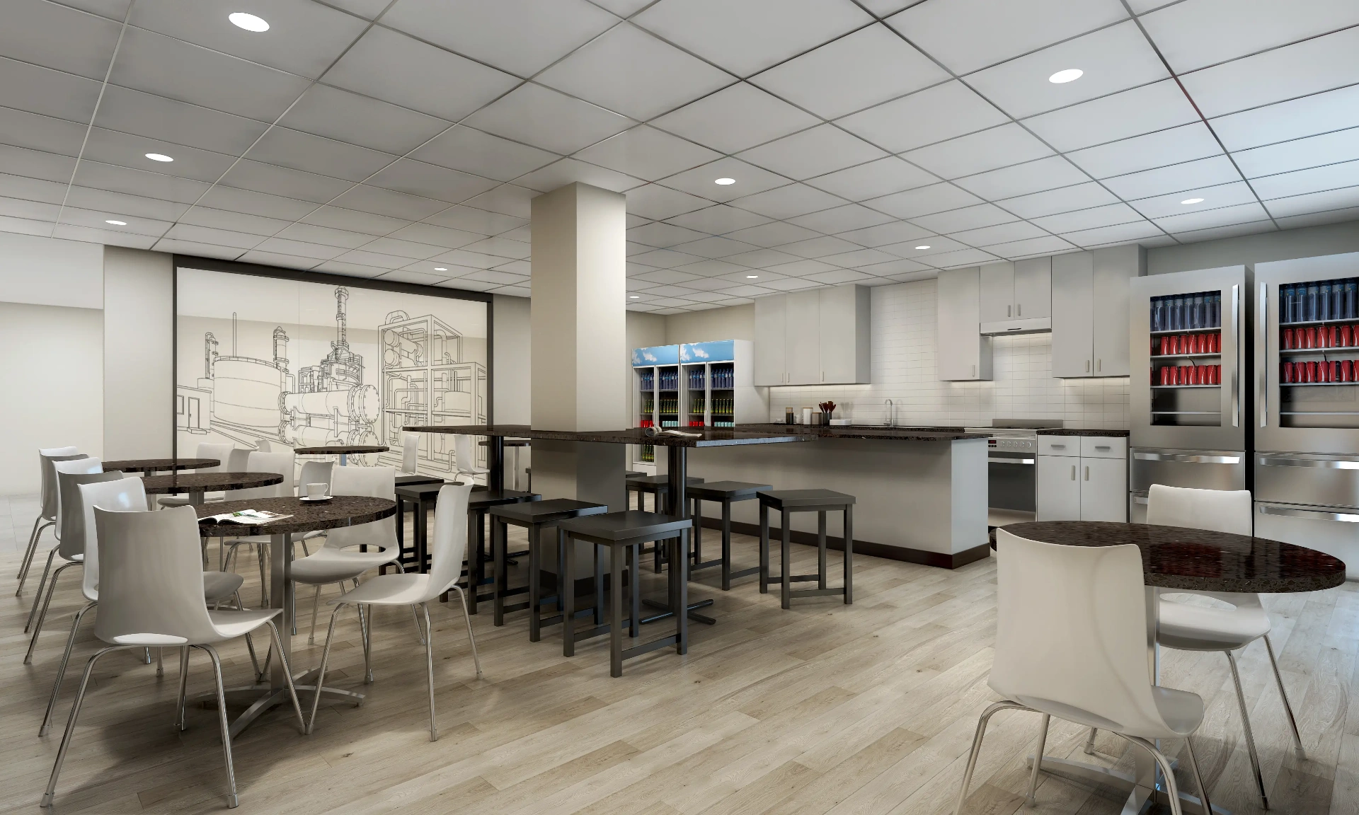 Interior rendering of the break room and kitchen at Repcon Industrial in Corpus Christi, TX with high-top tables, white chairs, glass-front beverage coolers, and a refinery line-drawing feature wall