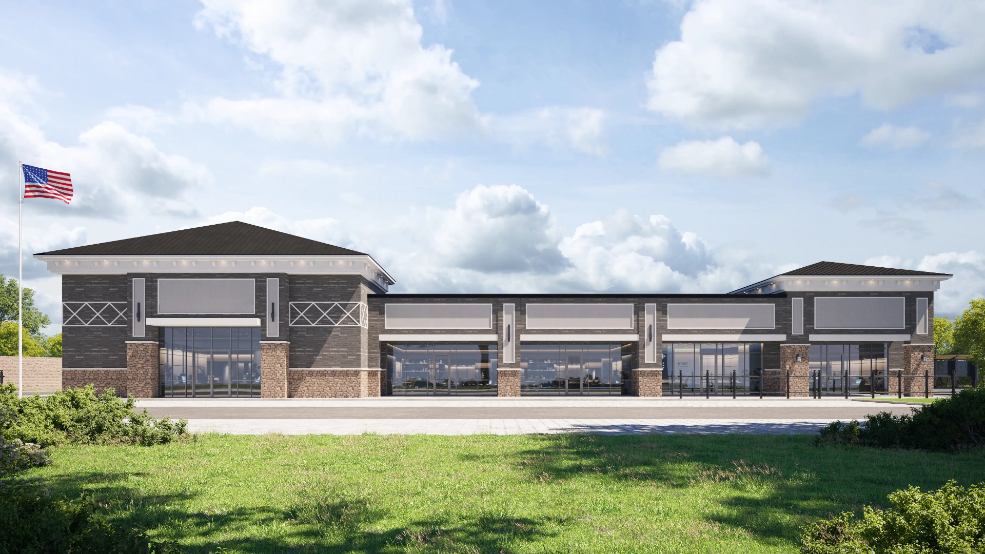 Front elevation rendering of Yuna Retail Center in Tomball, TX, a 12,000 SF multi-tenant commercial retail building with brick veneer, stone bases, large storefront glazing, and hipped roof corner accents